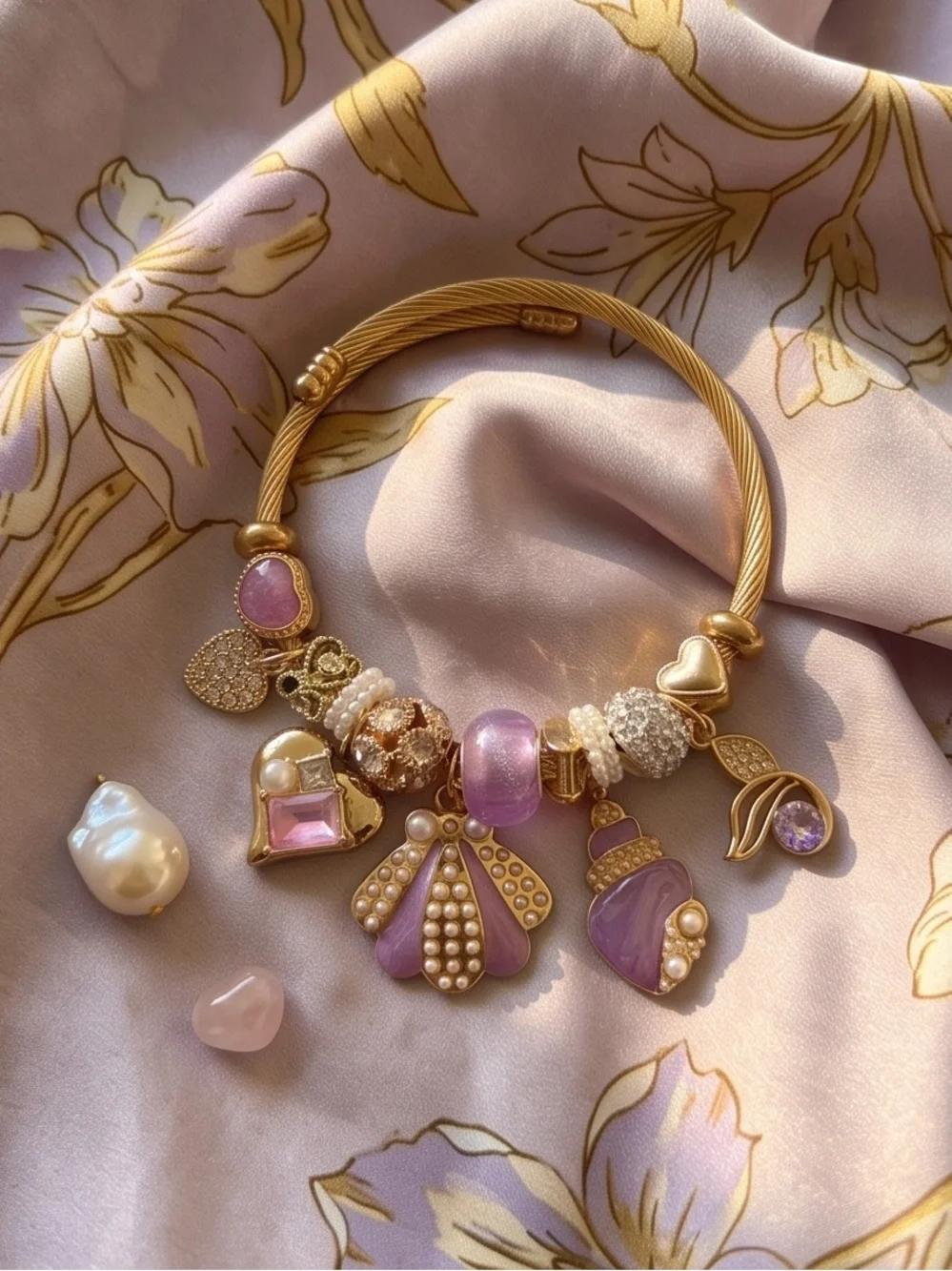 Gold & Purple Coastal Charm Bangle Bracelet